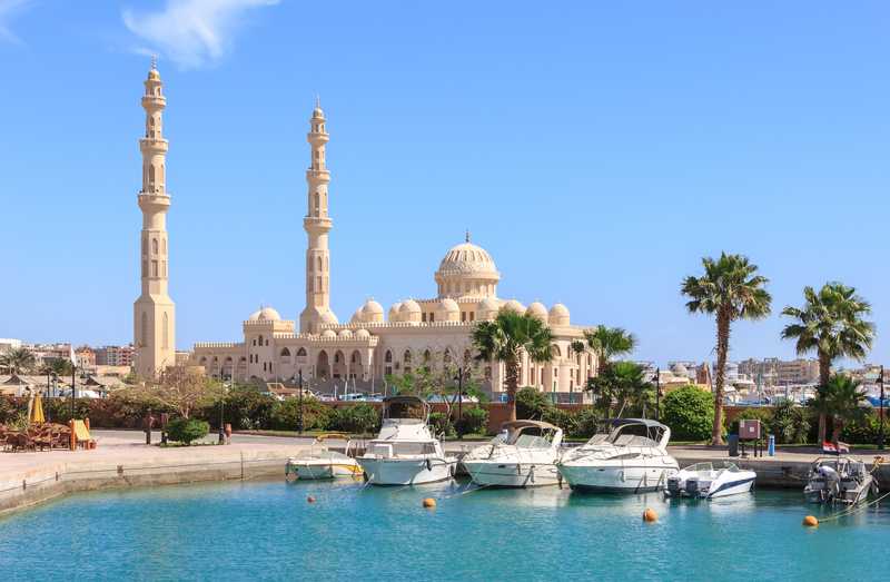 Mosque El Mina Masjid in Hurghada in sunny day, view from the sea.